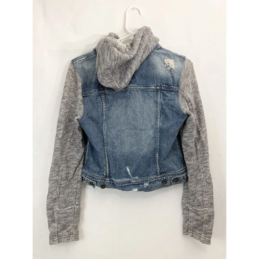 Free People Blue Denim Jacket XS X Small 17” Sweat Hoodie Sleeves Distressed